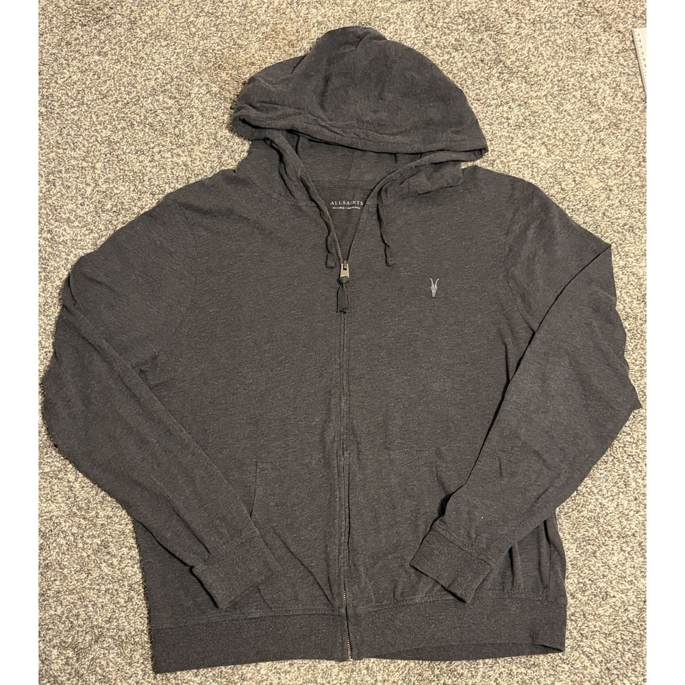 AllSaints Hoodie Mens XXL Gray Brace Hoody Embroidered Skull Logo Full Zip EUC